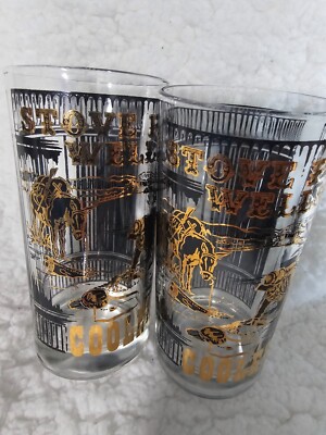 (2) Vintage Souvenir Tumbler Gold & Black Dressing Glass Stove Pipe Wells 5.5''