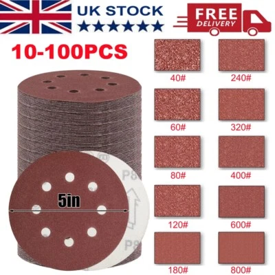 125mm - 5" 8 Holes Sanding Discs 40 60 80 120 240 320 Grit Orbital Sander Pad UK