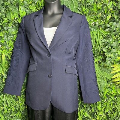 DG2 DIANE GILMAN Jacket Women Large Blue Blazer Embroidery On Sleeves NWT