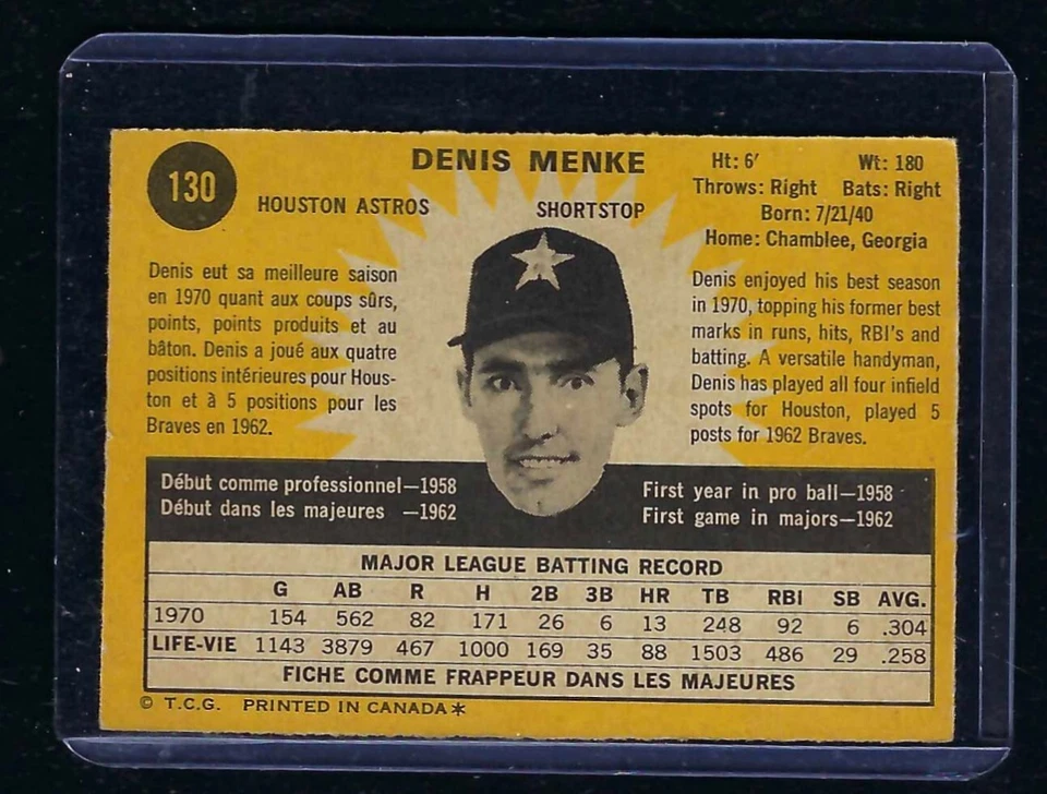 1971 O-Pee-Chee, OPC, #130 Denis Menke, Houston Astros, VG-EX, Rare! - Image 2 of 2