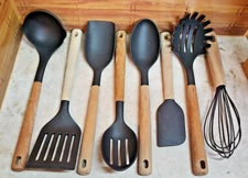 Lot of (8) "Made by Design" Brand Wood Handle Kitchen Utensils