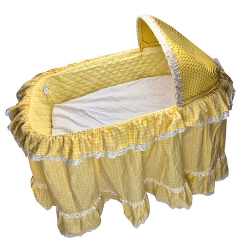 Vtg Woven Yellow Wicker Baby Bassinet Detachable Canopy Folding Rolling Legs
