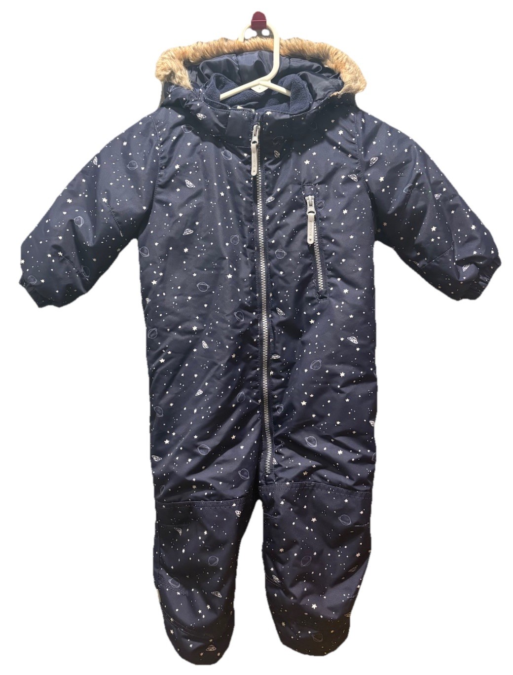 H&M Baby Snowsuit 12-18M Navy Space Print Fleece Lined Bunting Great Condition