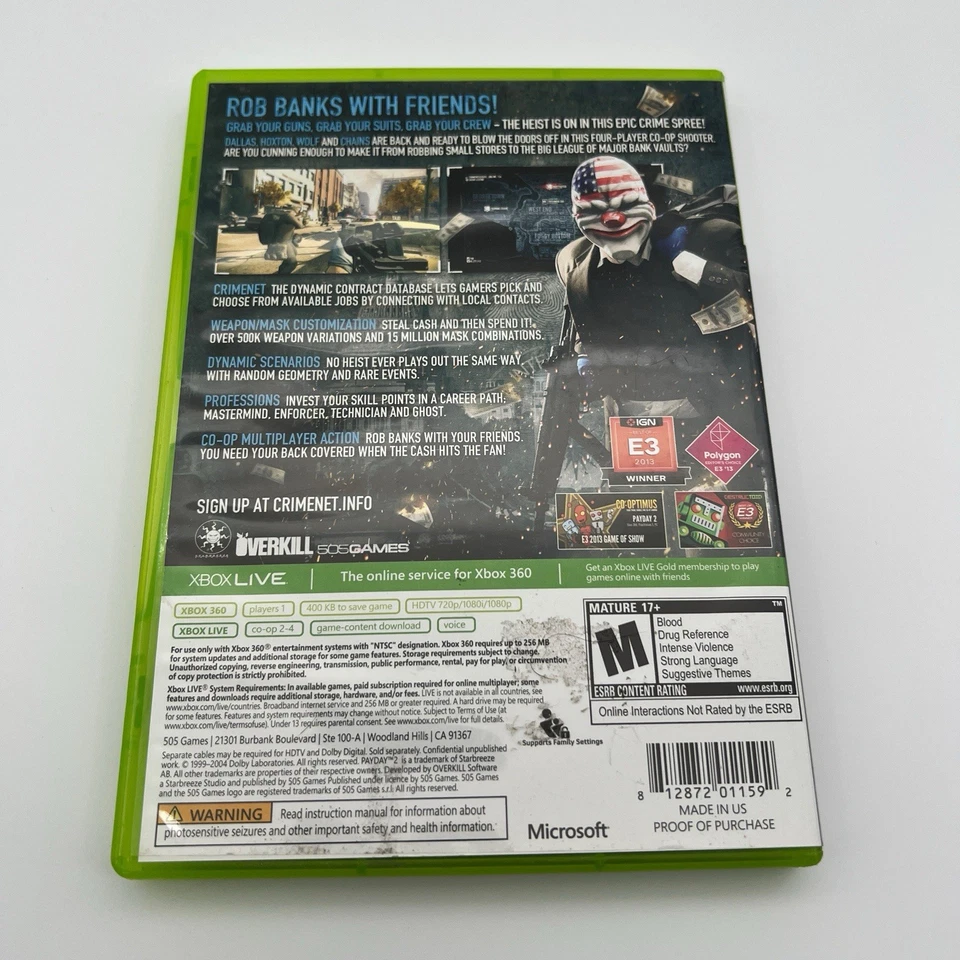 Payday 2 Xbox 360 Microsoft Game PAL  Complete With Manual - Image 2 of 4