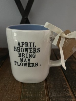 Rae Dunn APRIL SHOWERS BRING MAY FLOWERS Double Sided Mug With Goose Blue NEW