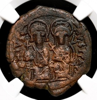 BYZANTINE. Justin II with Sophia. 565 578. Æ Half Follis NGC VF