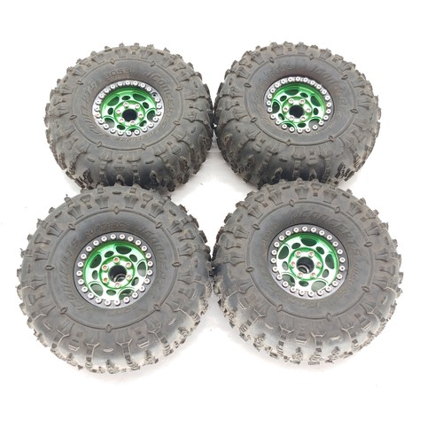 4x Jconcepts 3053 Ruptures 1/10 1.9" Crawler Tires on Green Aluminum Beadlock Ri