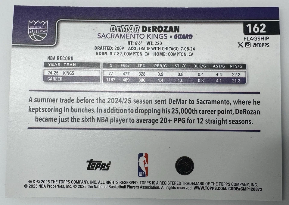 25/26 Topps NBA Black Friday Target Exclusivo DeMar DeRozan Madera Paralelo 19/25 Foto 3 de 4