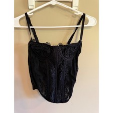 Black Lace Corset Top Underwire Eyelash Trim Mesh Bustier Hook Eye Closure Women