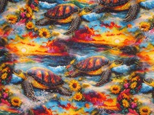 Sea Turtles on 100 Cotton Fabric by the 1/4 Yard: 9" x 57" Brightly Colored 