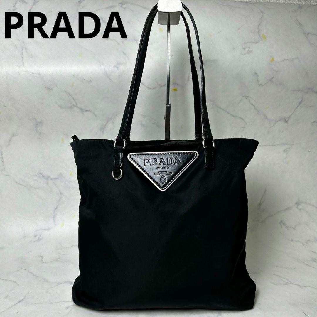 Rare PRADA BR3169 Large Triangle Logo Black Tote Bag From Japan