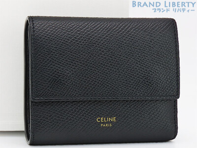 ○Celine Small Trifold Wallet Black Grained Calfskin 10B573Bel 