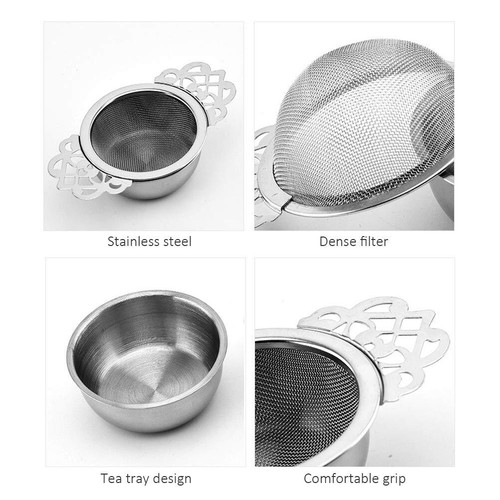 Gold Tea Strainers with Drip Bowl Fine Mesh Infuser Double Handle Teapot Mugs - Picture 5 of 5