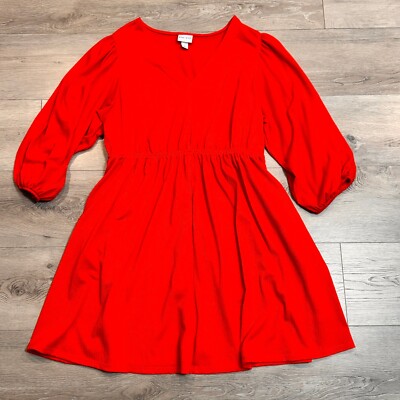 Ava & Viv Red Dress Fit & Flare 3/4 Sleeve V Neck Casual X XLarge