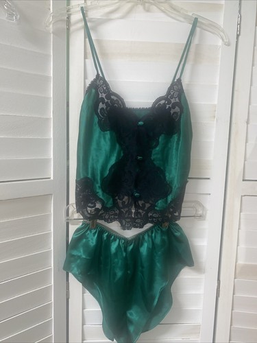 Vtg Victoria Secret Gold Label Satin Green Black Cami Tap Pant Set Sz X-Small