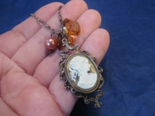 Vintage Style Long Cameo Pendant Silver Tone Necklace with Beads