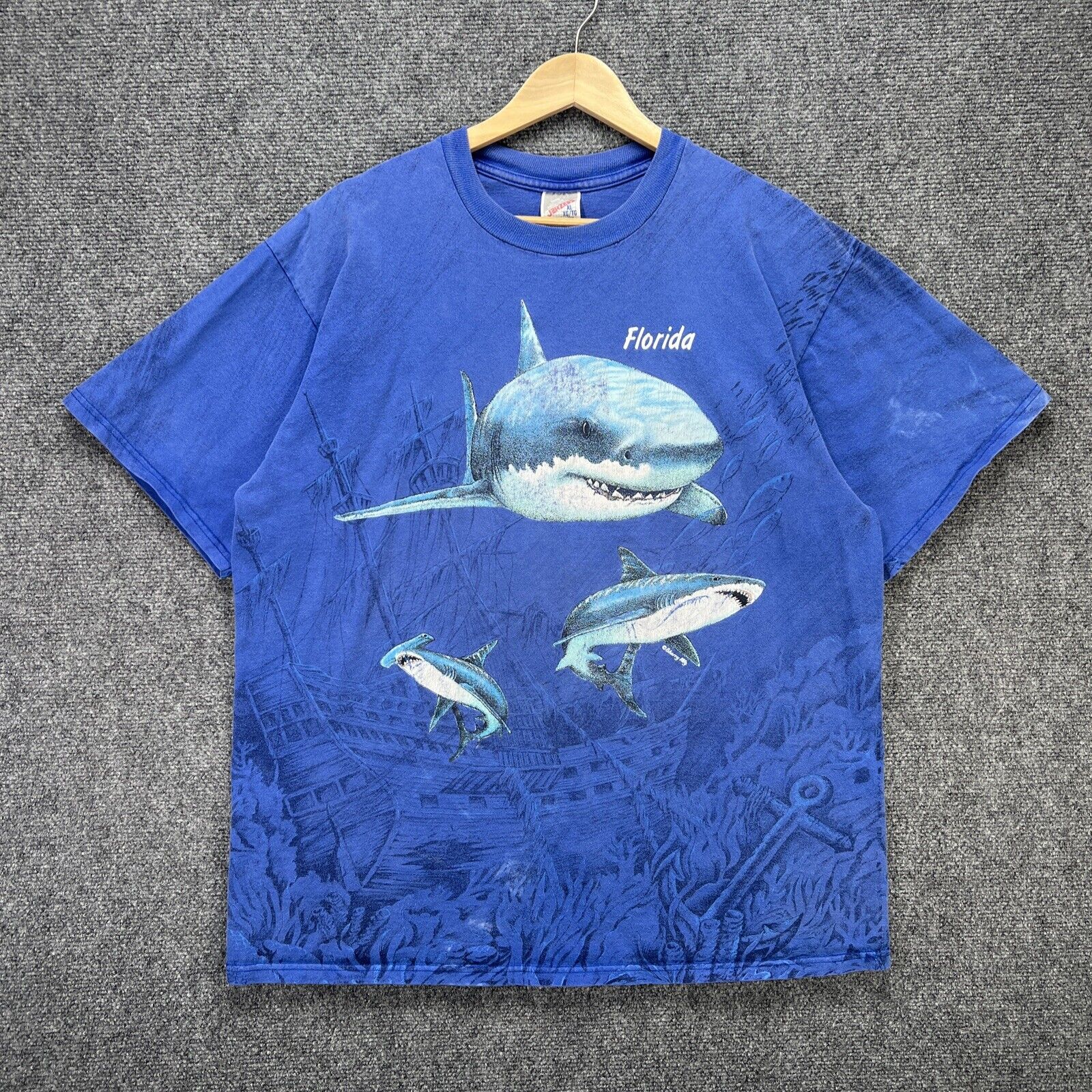 Vintage Shark Shirt Mens XL Blue AOP Fish Nature Pirate Ship All Over Print 90s