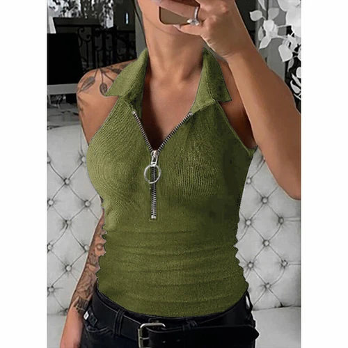Women Summer Zipper V Neck Cami Vest Ladies Summer Blouse Tank Top T Shirt  - Imagen 13 de 19