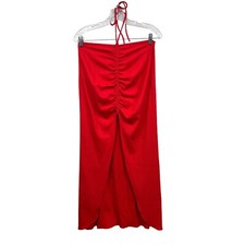 Akira Halter Midi Dress Ribbed Stretch Tie Neck Ruched Front Red Women Size L
