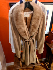 Women's Vintage Belted Suede Coat, Real Fur Collar, Lined, Elegant, Size 4 - 6