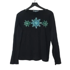 Karen Scott Black Tee Long Sleeve Winter Snowflakes Holiday Glitter Ski M