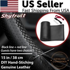 Genuine-Leather DIY-Car Steering Wheel Cover-Anti-slip For-15"/38 cm Black US