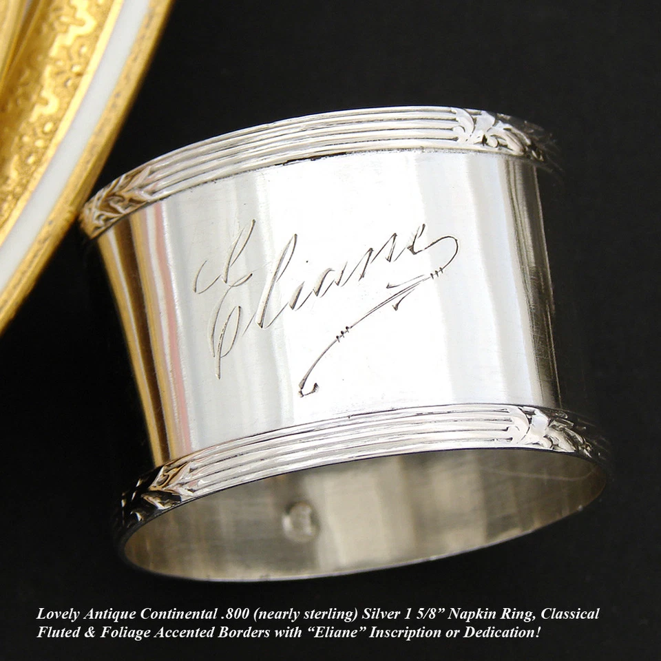 Antiguo anillo de servilleta continental de plata .800 (casi esterlina) con "Eliane" Foto 2 de 4