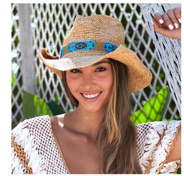 Nikki Beach Women\'s Natural Mazatlan Crochet Raffia Straw Western Hat Arielle Raffia Straw Fedora Hat – Village Hat Shop main image 2