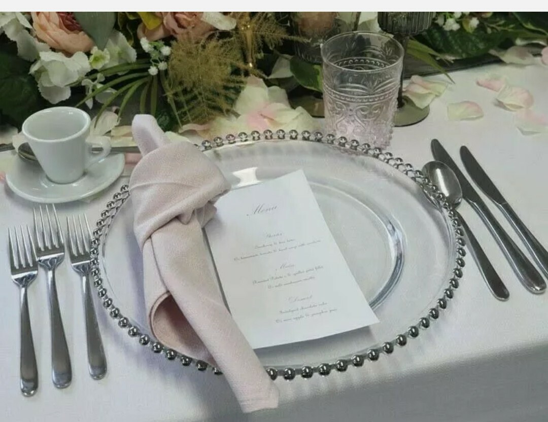 Decorative Silver Charger Plate Large Pearl Beads Clear Glass