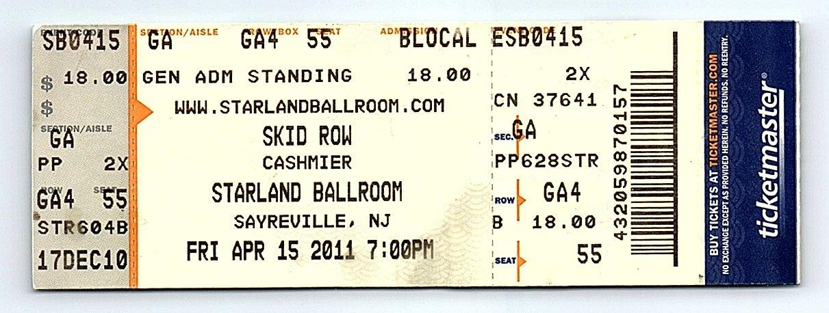 FILA Biglietto concerto Skid Row Stub 15 aprile 2011 Sayreville New Jersey