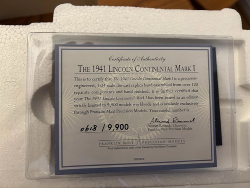 1/24 Franklin Mint 1941 Lincoln Continental Mark I B11ZN22 Limited Ed Blue w/Box - Picture 6 of 19