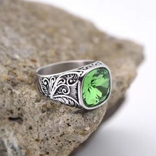 Men’s Ring Stainless Steel Silver Color Green Gemstone Square Shape Stylist