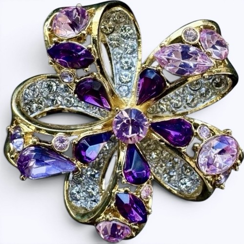 Nolan Miller Rhinestone Brooch Purple Pink Crystal Gold Tone Statement Pin