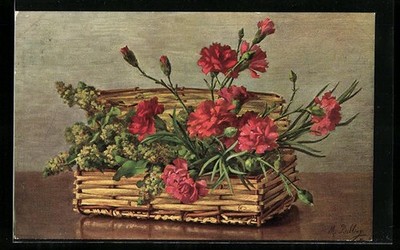 Artist-AK M. Billing: Basket with blooming carnations