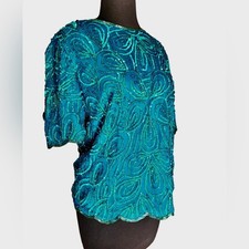 Vtg Green Sequin Beaded Silk Oversized Fairy Boho Glam Party Blouse MP