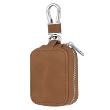 Earbud Case Leather Headphone Storage Bag with Mesh Pocket Keychain Brown