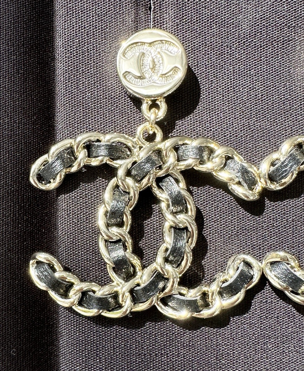 2025C CHANEL BIG GOLD CC LOGO BLACK LEATHER INTERWOVEN STUD DANGLE
