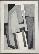 Vintage Black and White Modernist Abstract Print, Signed (c. 1965, Lithograph)