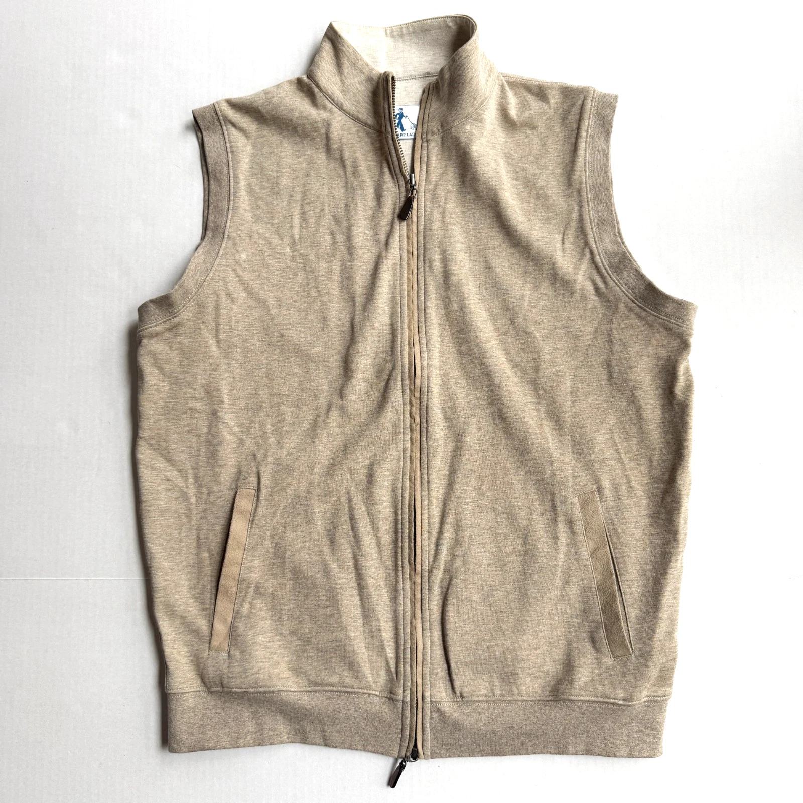 Sharp Lad Full Zip Vest Mens M Tan Herringbone Brown Suede Tortoise Zip Detail