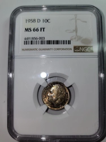 TONED 1958D Silver 10C NGC ROOSEVELT DIME MS66 FULL TORCH!!