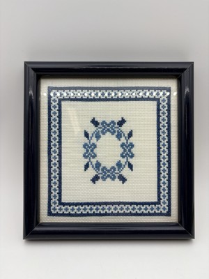 Framed Blue And White Cross Stitch Wreath Folk Art 7.5 X 7.75  Scandinavian