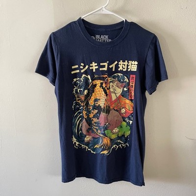 Black Matter The Cat and the Koi Graphic Tee Mens S Blue Casual Artistic Faded