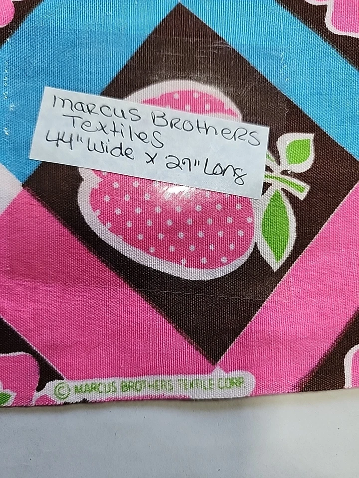 Marcus Bros Bright Blue Pink 70s Fruits Check Plaid Cotton Fabric 44x27 Remnant - Image 2 of 4