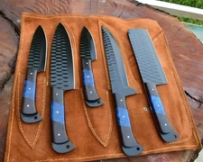 Handmade Damascus Chef Knife Set – 5 PCS Kitchen Knives – Black Hammered Blade