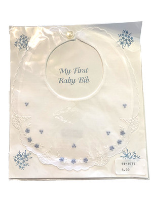 MY FIRST BABY BIB Boy White Blue Embroidered Patterned Button Closure Made USA