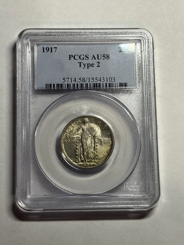 1917 Type 2 Standing Liberty Quarter PCGS AU58 Bright White Tough Variety