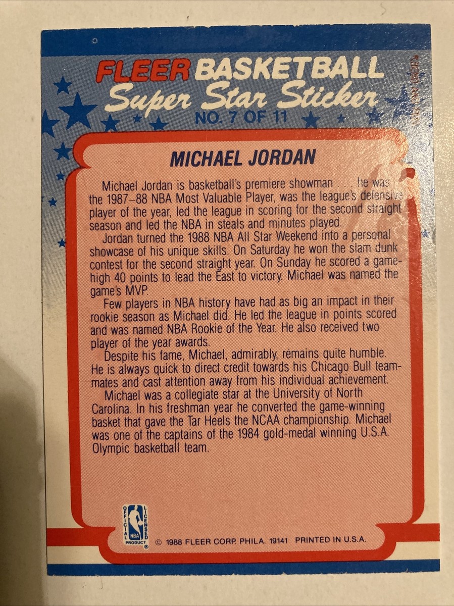 Michael Jordan 1988-1989 Fleer Basketball Super Star Sticker Michael Jordan 1988-1989 Fleer Basketball Super Star Sticker