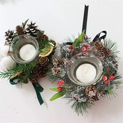TRIWORKS 4-Pack Christmas Candle Rings - Pine Garland With Red Berries & Pine Cones - View #13