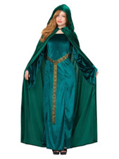Deluxe Cloak Emerald Green Adults Medieval Fancy Dress Hooded Robe