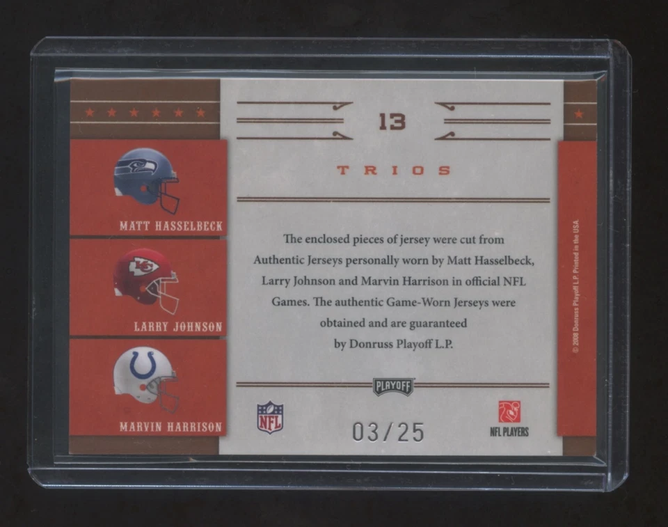 2008 NATIONAL TREASURES MARVIN HARRISON-MATT HASSELBECK-JOHNSON TRIPLE PATCH /25 - Image 2 of 2